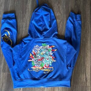 Ed Hardy Tiger Lotus Blue Cropped Hoodie (Fits M-L) T-Shirt Fabric PERFECT COND